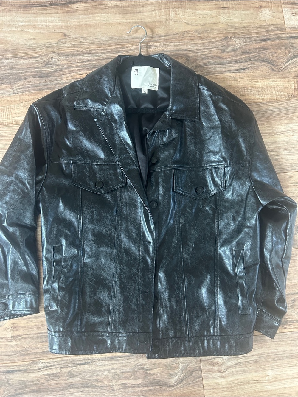 Pilcro Black Faux Leather Button-Front Jacket